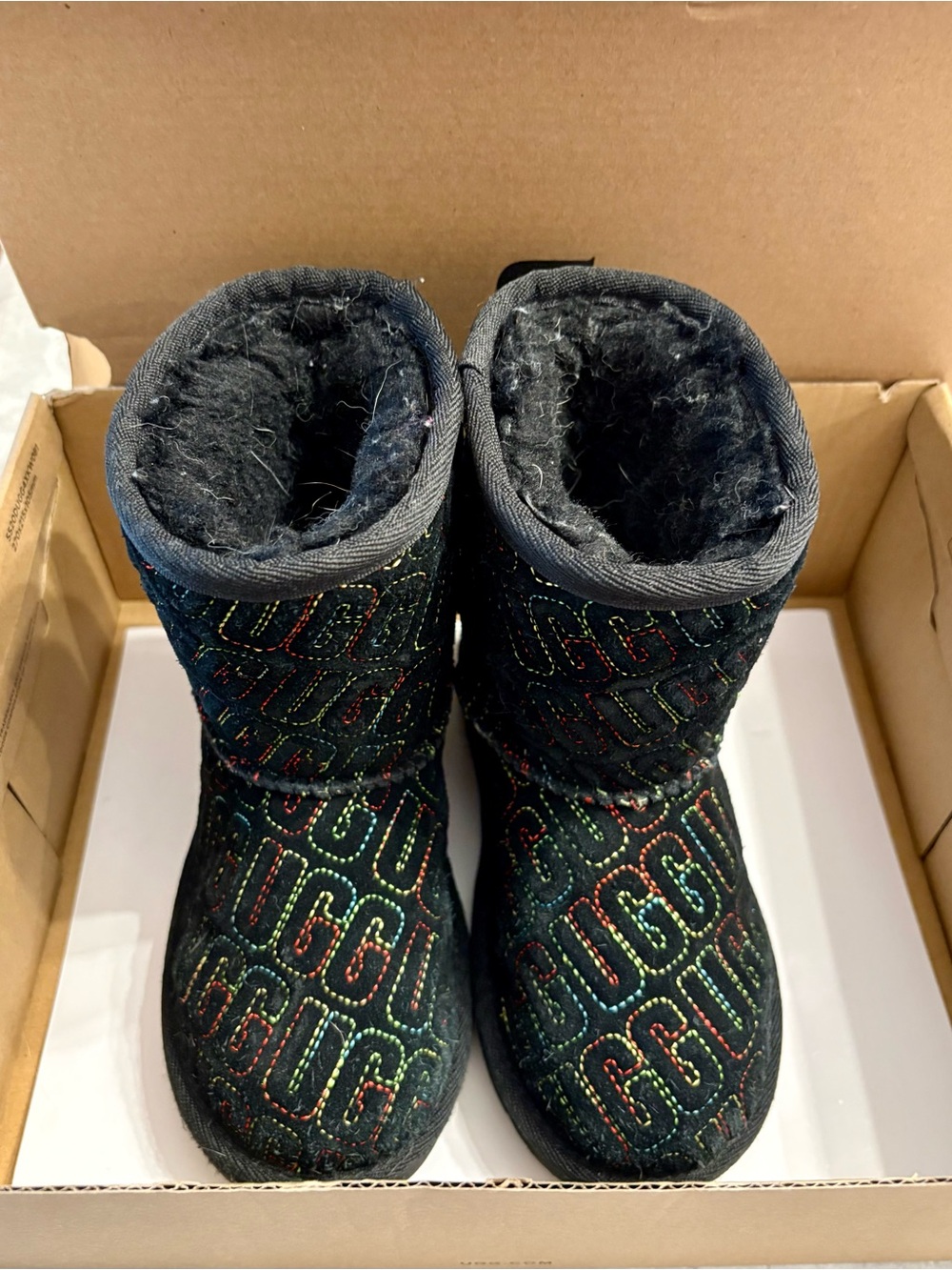Girls UGG Black Quilted Logo Winter Boots with Multicolor Stitching
